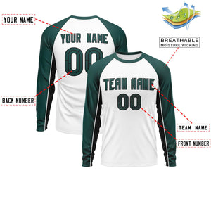 Custom White Midnight Green Crew Neck Raglan Long Sleeve Performance T-Shirt