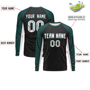 Custom Black Midnight Green Crew Neck Raglan Long Sleeve Performance T-Shirt