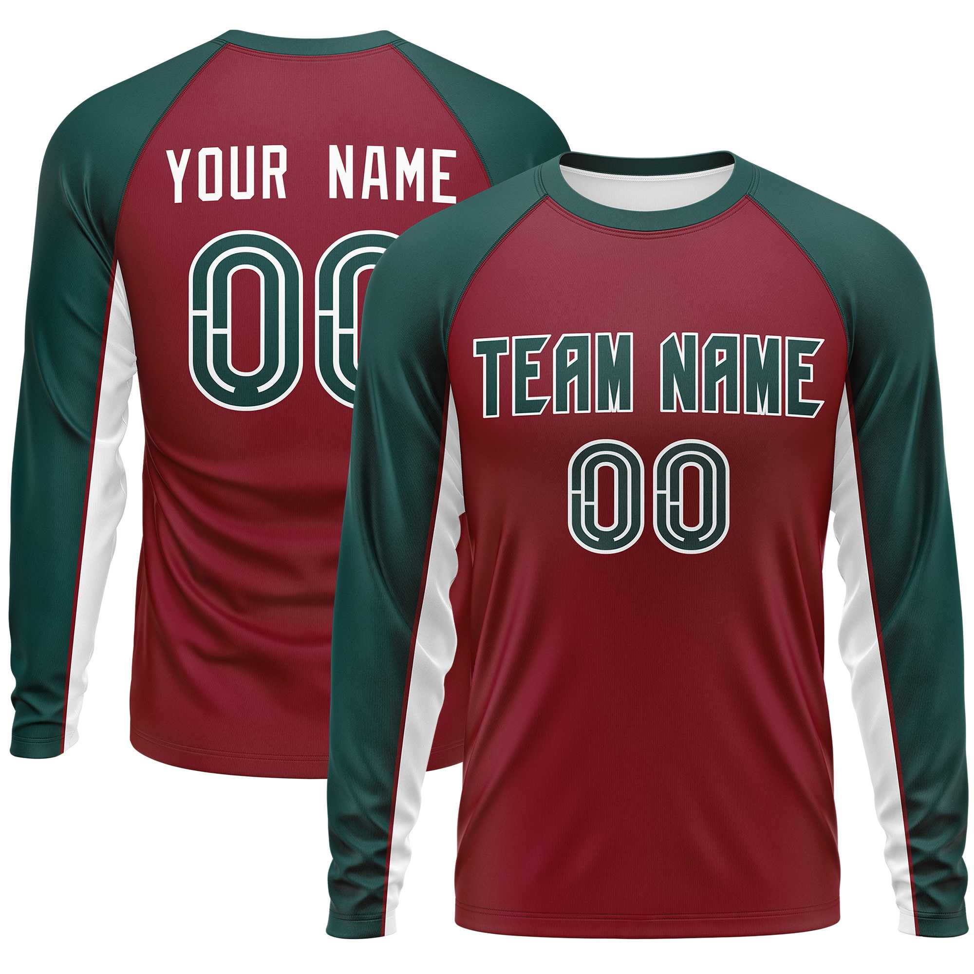 Custom Crimson Midnight Green Crew Neck Raglan Long Sleeve Performance T-Shirt