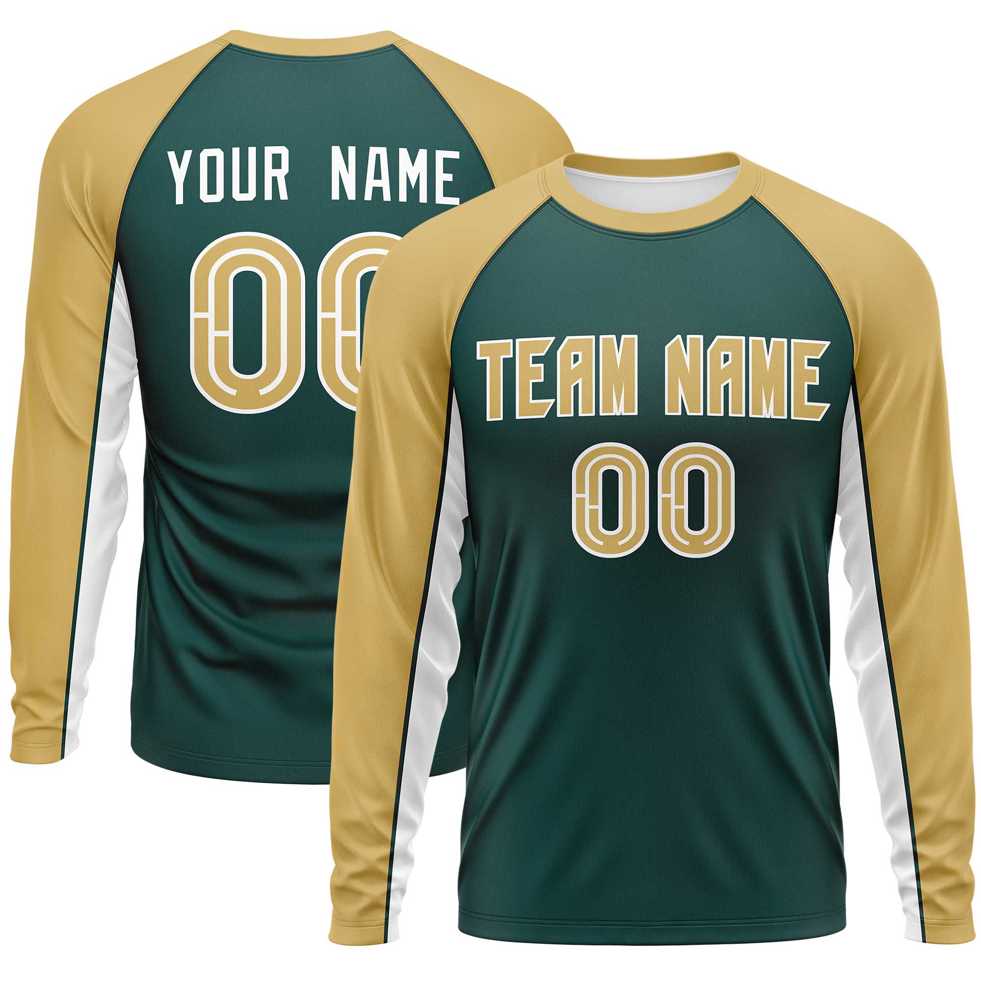 Custom Midnight Green Old Gold Crew Neck Raglan Long Sleeve Performance T-Shirt