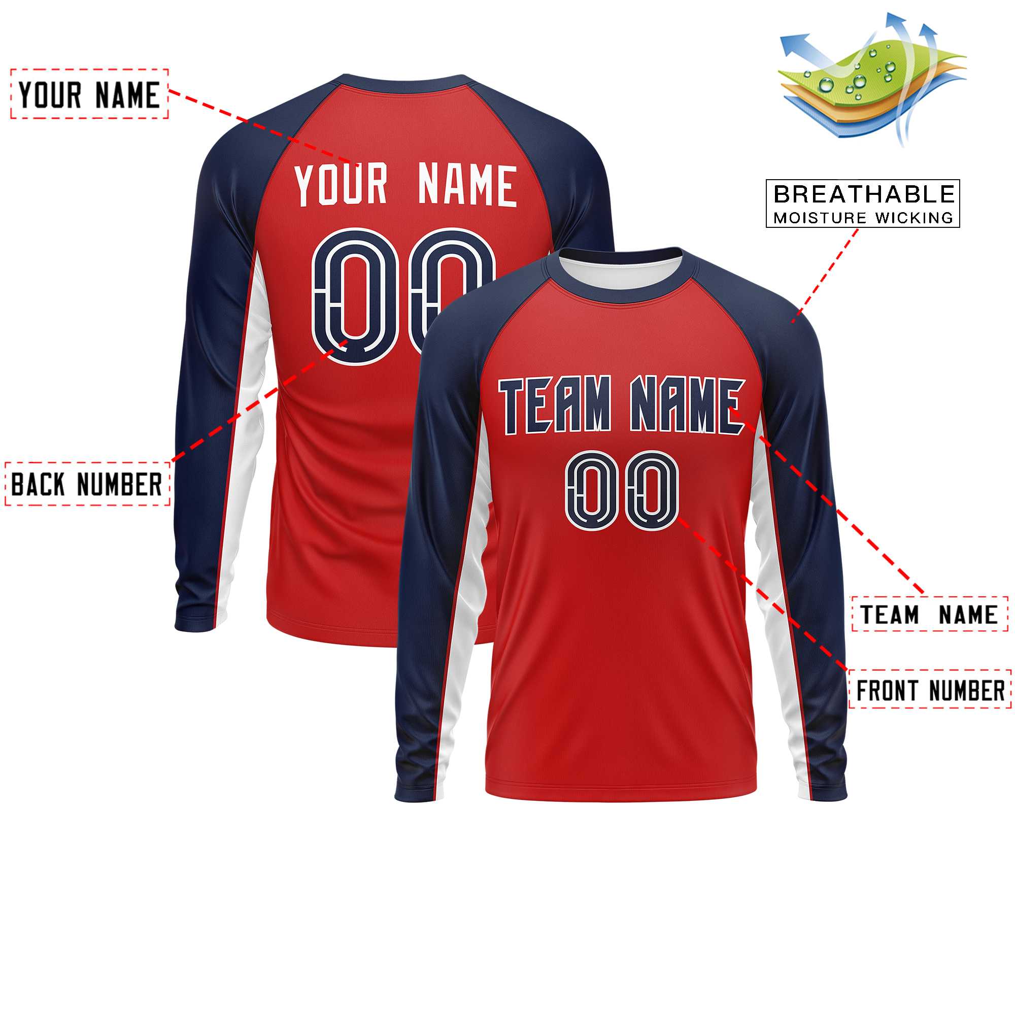 Custom Red Navy Crew Neck Raglan Long Sleeve Performance T-Shirt