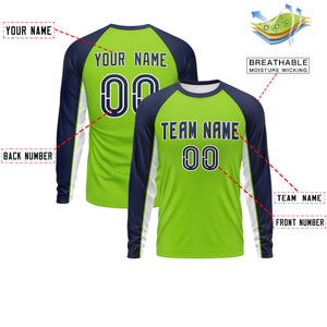 Custom Neon Green Navy Crew Neck Raglan Long Sleeve Performance T-Shirt