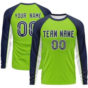 Custom Neon Green Navy Crew Neck Raglan Long Sleeve Performance T-Shirt