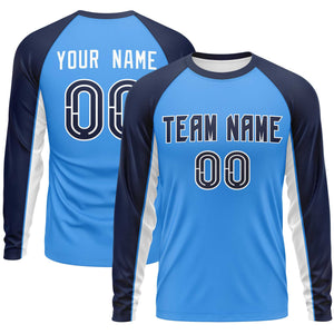 Custom Powder Blue Navy Crew Neck Raglan Long Sleeve Performance T-Shirt