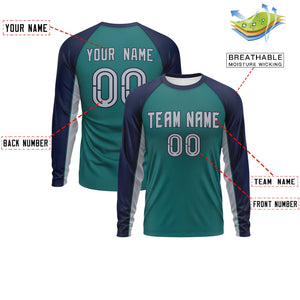 Custom Aqua Navy Crew Neck Raglan Long Sleeve Performance T-Shirt