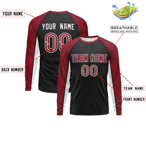 Custom Black Crimson Crew Neck Raglan Long Sleeve Performance T-Shirt