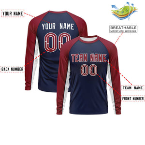 Custom Navy Crimson Crew Neck Raglan Long Sleeve Performance T-Shirt