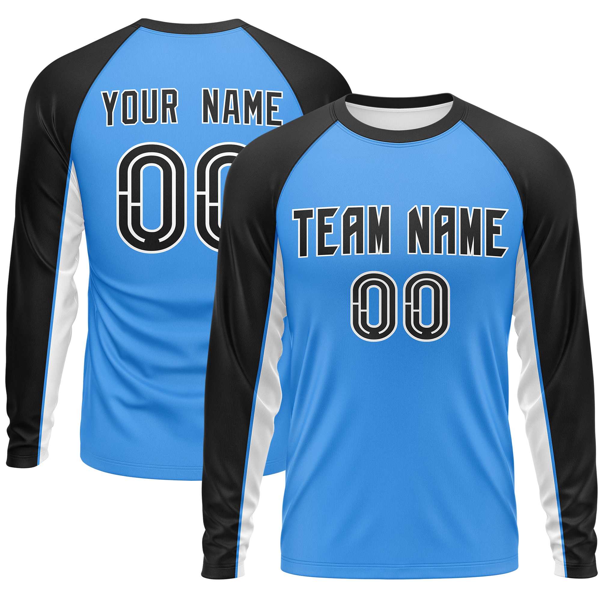 Custom Powder Blue Black Crew Neck Raglan Long Sleeve Performance T-Shirt