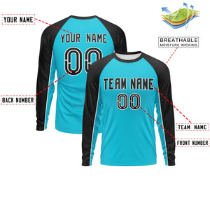 Custom Sky Blue Black Crew Neck Raglan Long Sleeve Performance T-Shirt