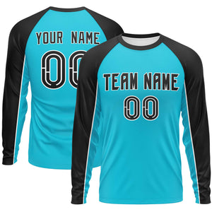 Custom Sky Blue Black Crew Neck Raglan Long Sleeve Performance T-Shirt