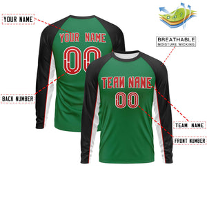 Custom Kelly Green Black Crew Neck Raglan Long Sleeve Performance T-Shirt