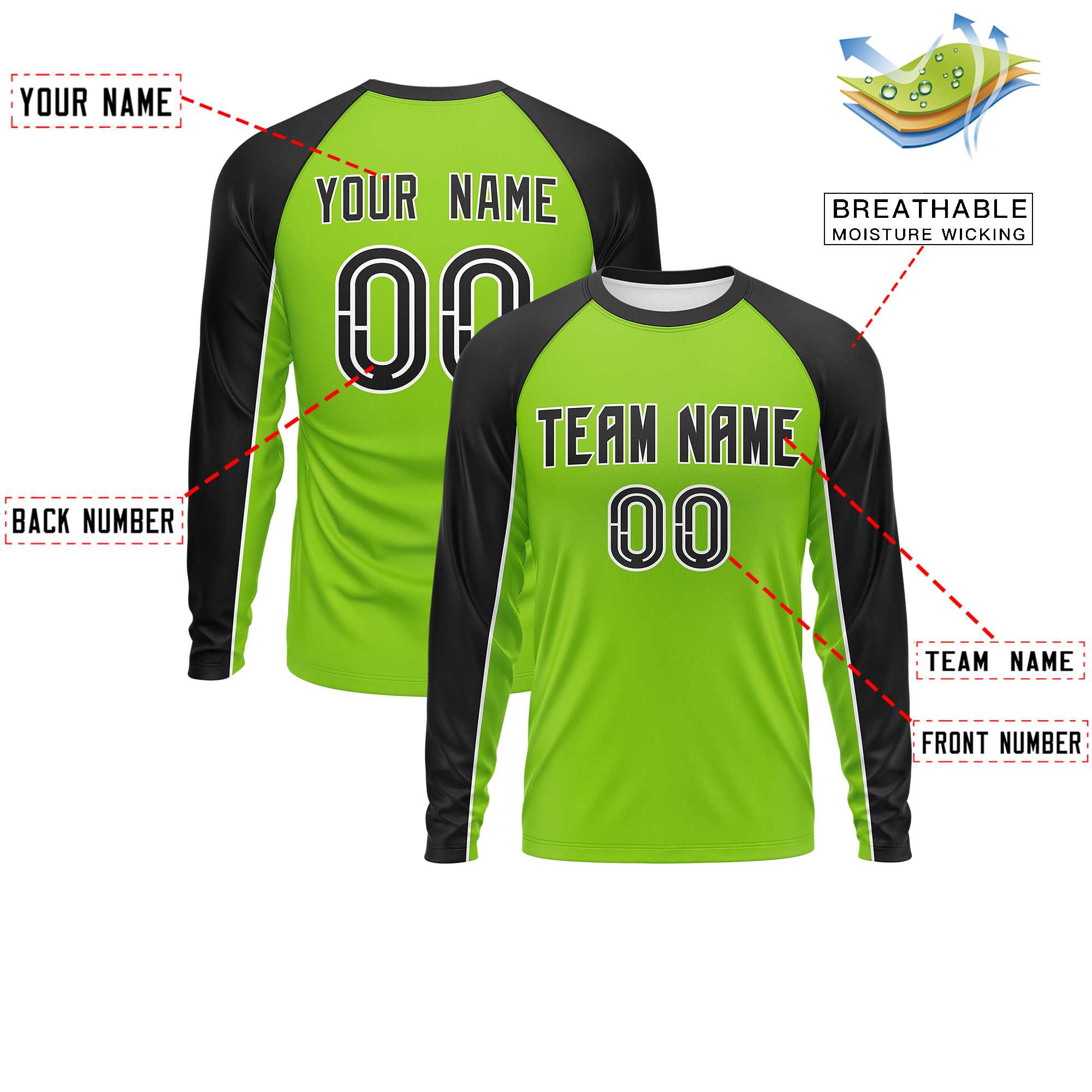 Custom Neon Green Black Crew Neck Raglan Long Sleeve Performance T-Shirt