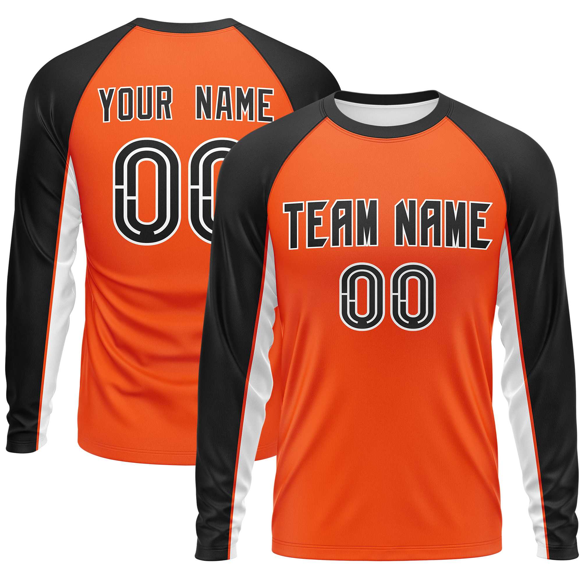 Custom Orange Black Crew Neck Raglan Long Sleeve Performance T-Shirt