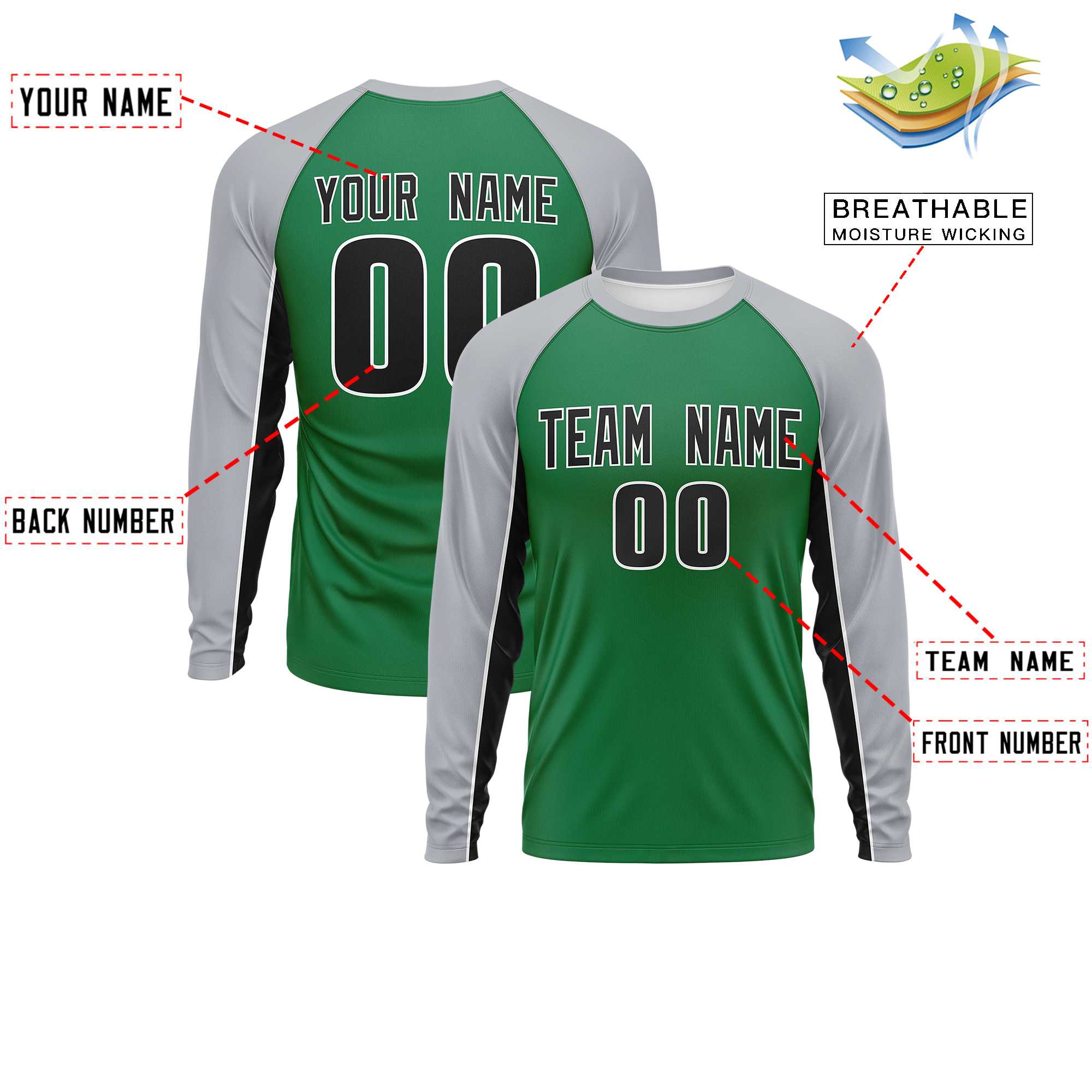 Custom Kelly Green Gray Crew Neck Raglan Long Sleeve Performance T-Shirt