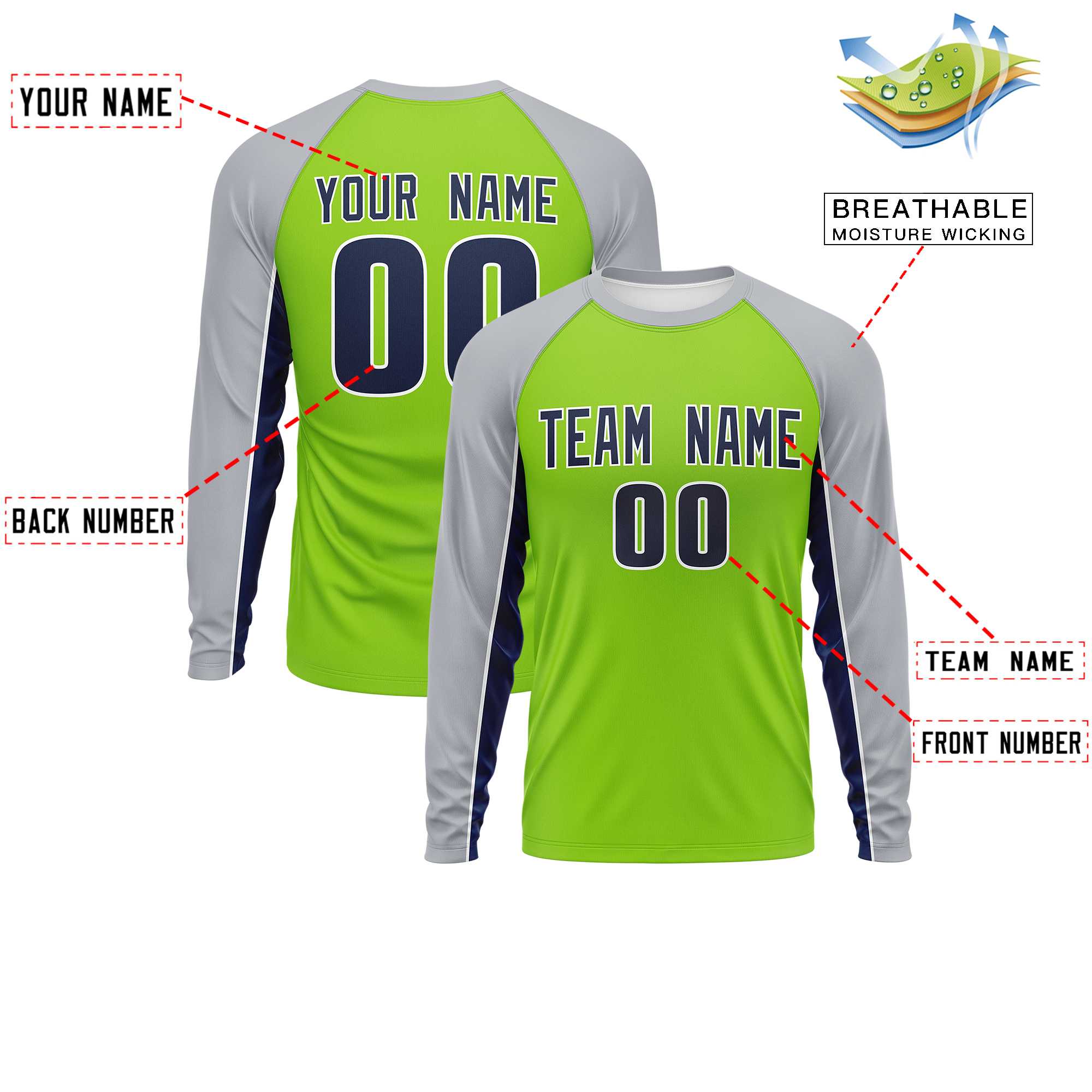 Custom Neon Green Gray Crew Neck Raglan Long Sleeve Performance T-Shirt