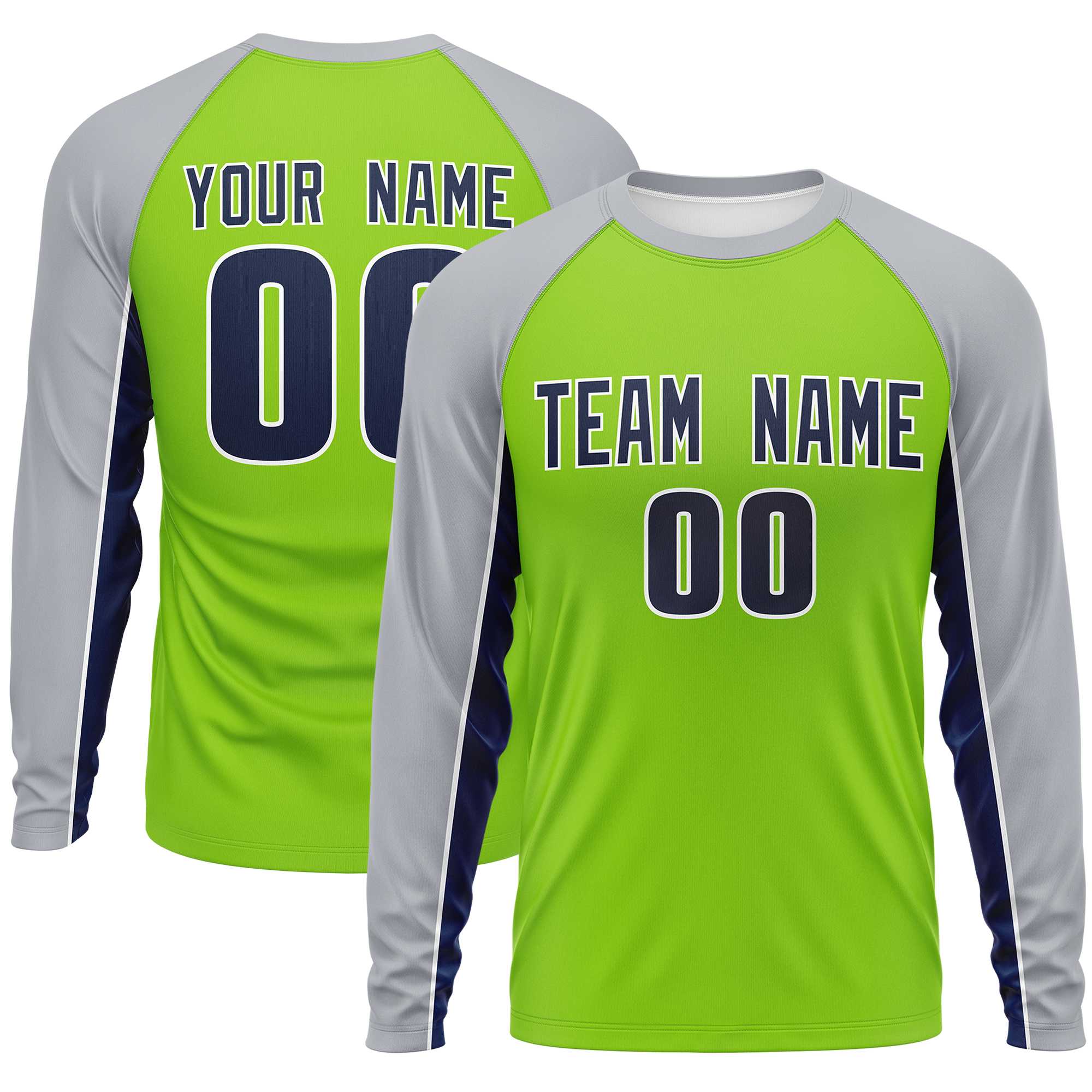 Custom Neon Green Gray Crew Neck Raglan Long Sleeve Performance T-Shirt