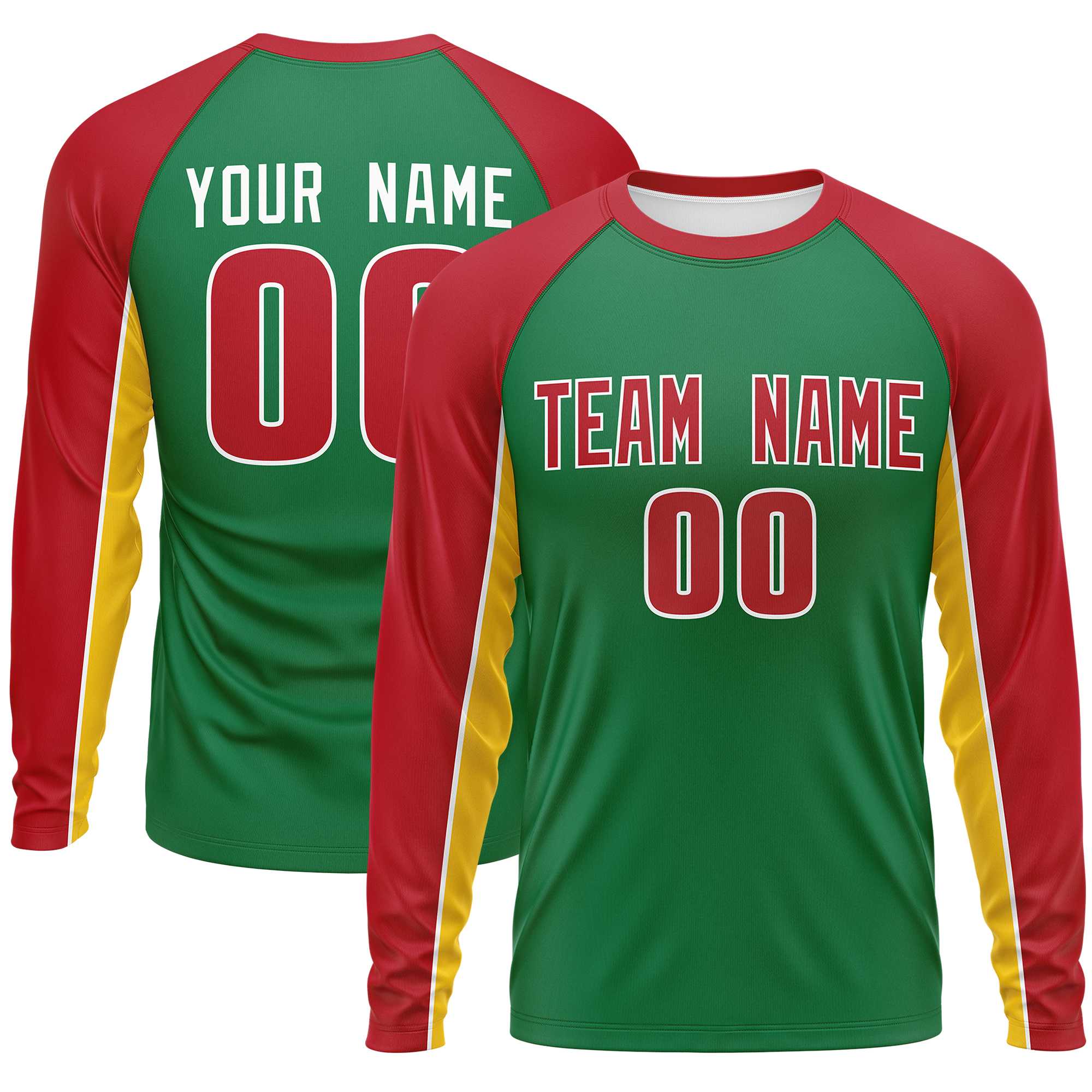 Custom Kelly Green Red Crew Neck Raglan Long Sleeve Performance T-Shirt