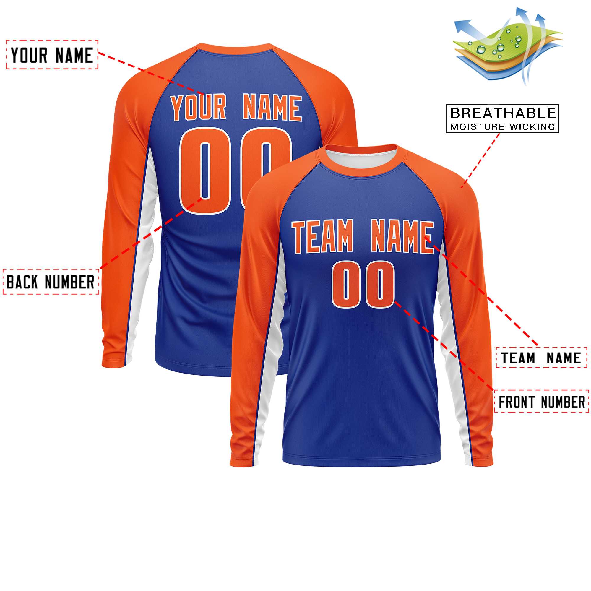 Custom Royal Orange Crew Neck Raglan Long Sleeve Performance T-Shirt