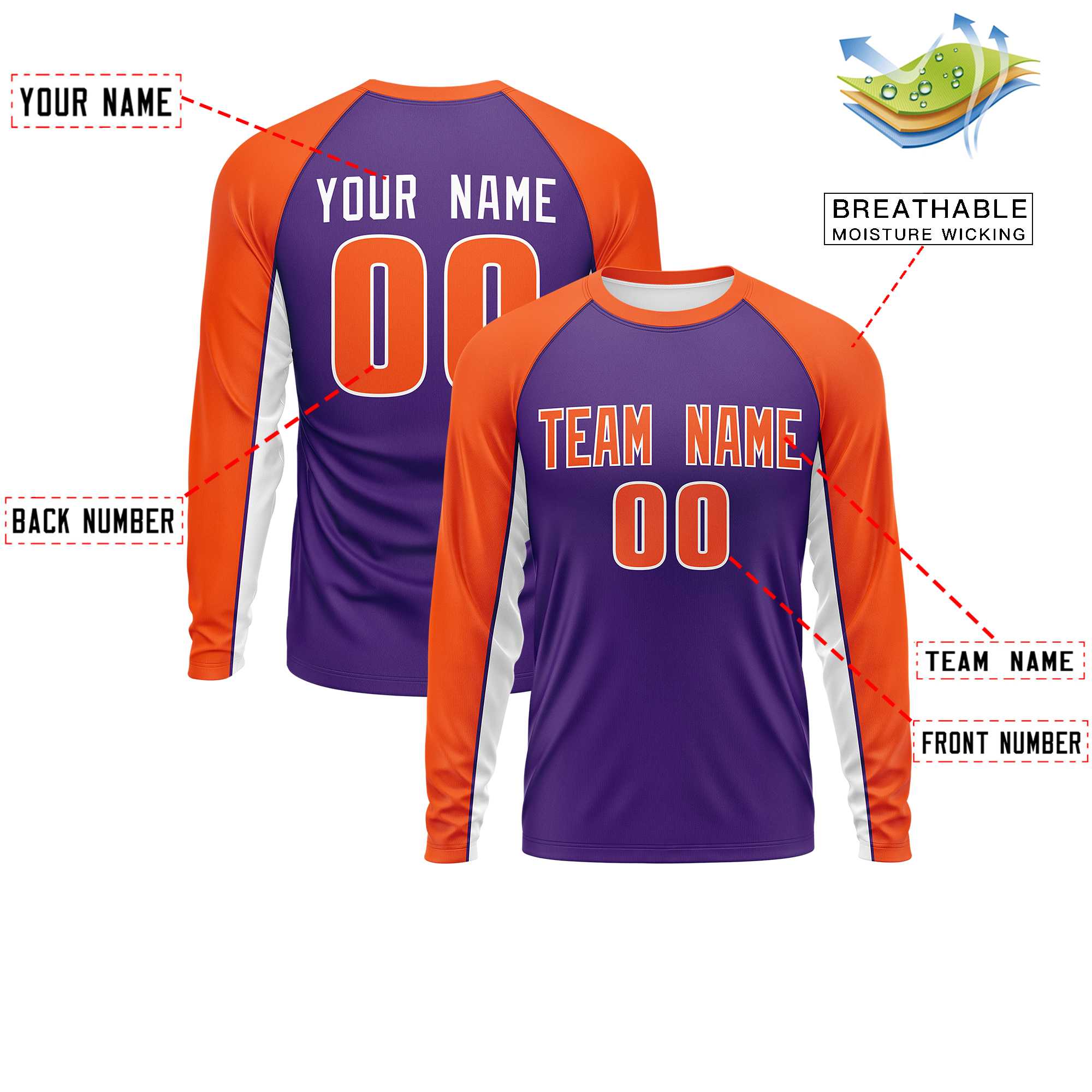 Custom Purple Orange Crew Neck Raglan Long Sleeve Performance T-Shirt