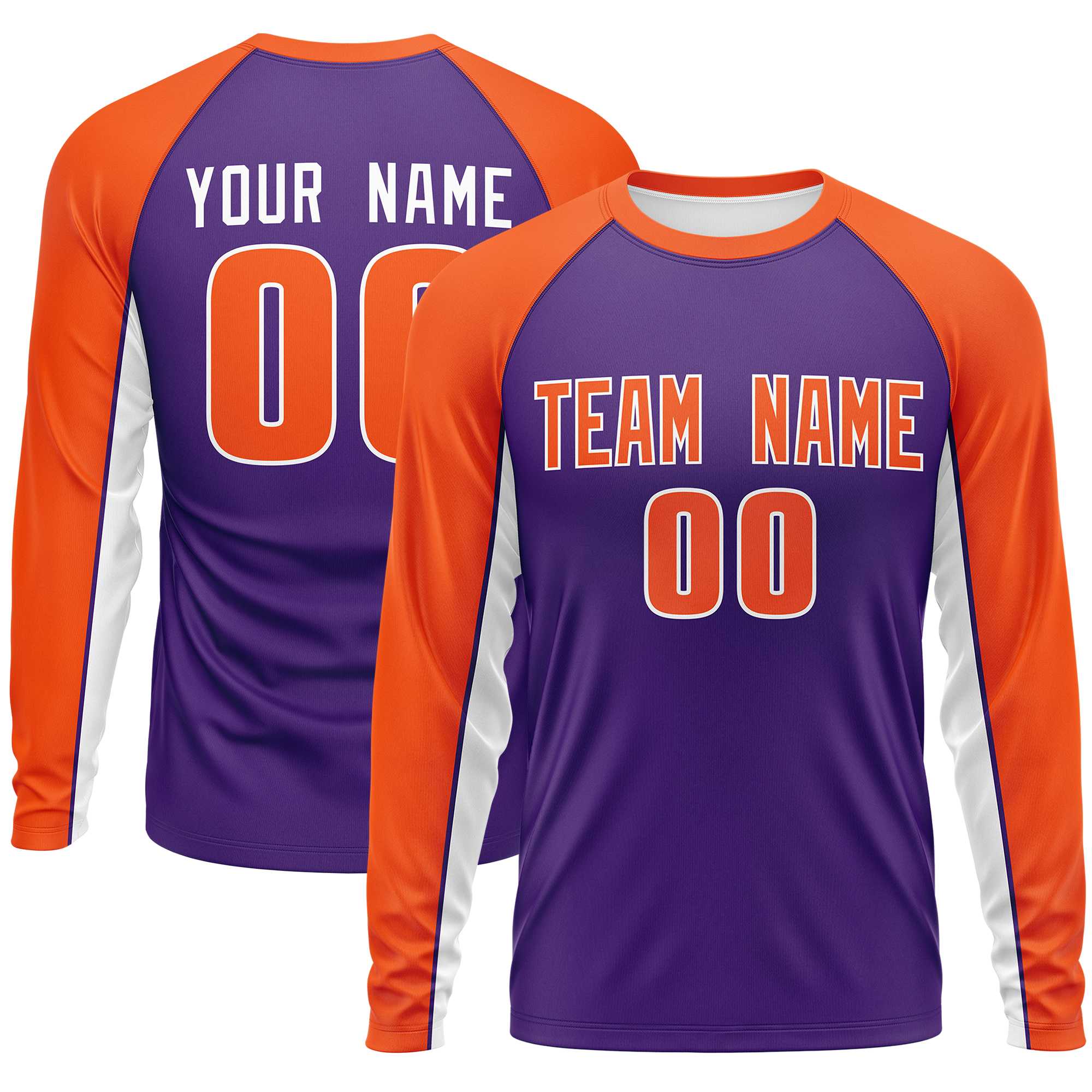 Custom Purple Orange Crew Neck Raglan Long Sleeve Performance T-Shirt