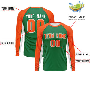 Custom Kelly Green Orange Crew Neck Raglan Long Sleeve Performance T-Shirt