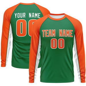 Custom Kelly Green Orange Crew Neck Raglan Long Sleeve Performance T-Shirt