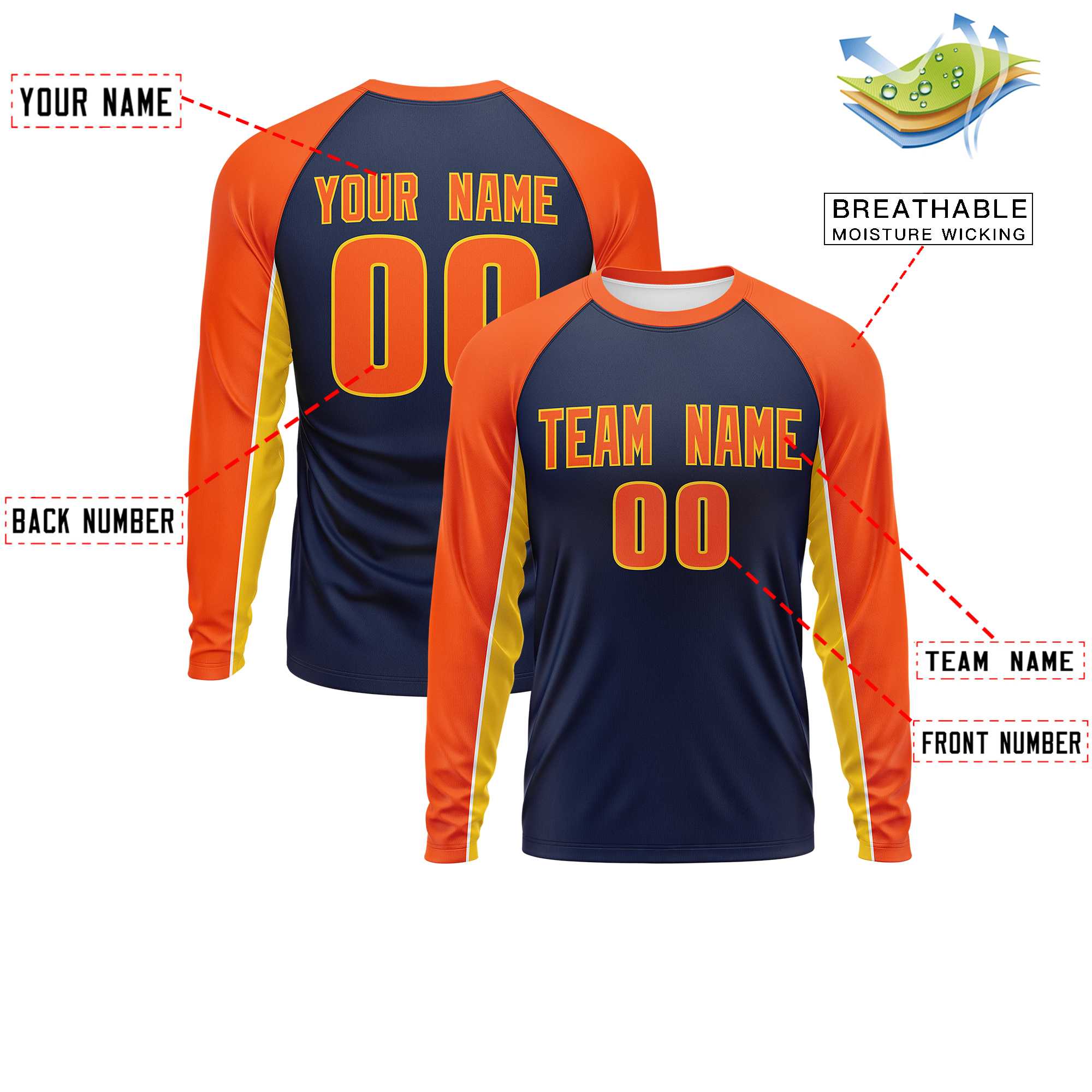 Custom Navy Orange Crew Neck Raglan Long Sleeve Performance T-Shirt