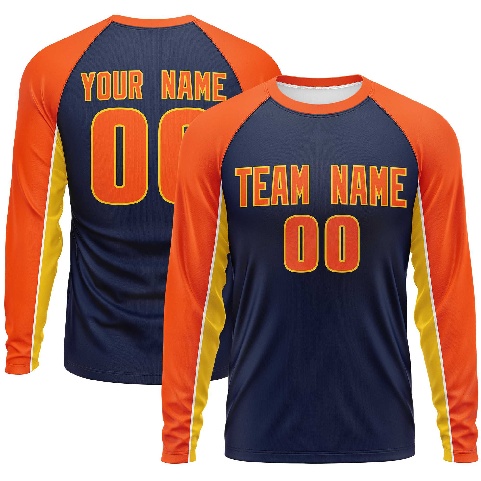 Custom Navy Orange Crew Neck Raglan Long Sleeve Performance T-Shirt