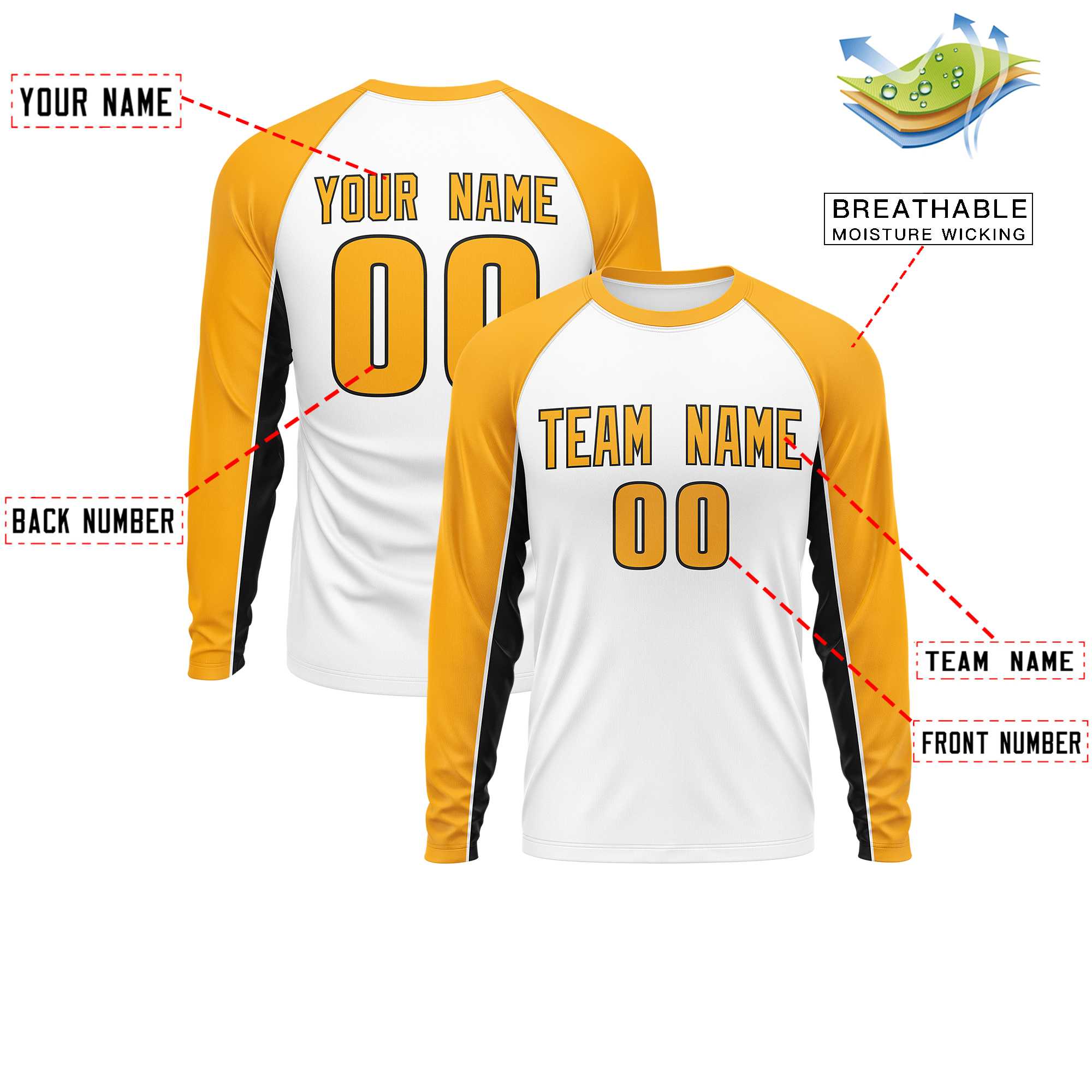 Custom White Yellow Crew Neck Raglan Long Sleeve Performance T-Shirt