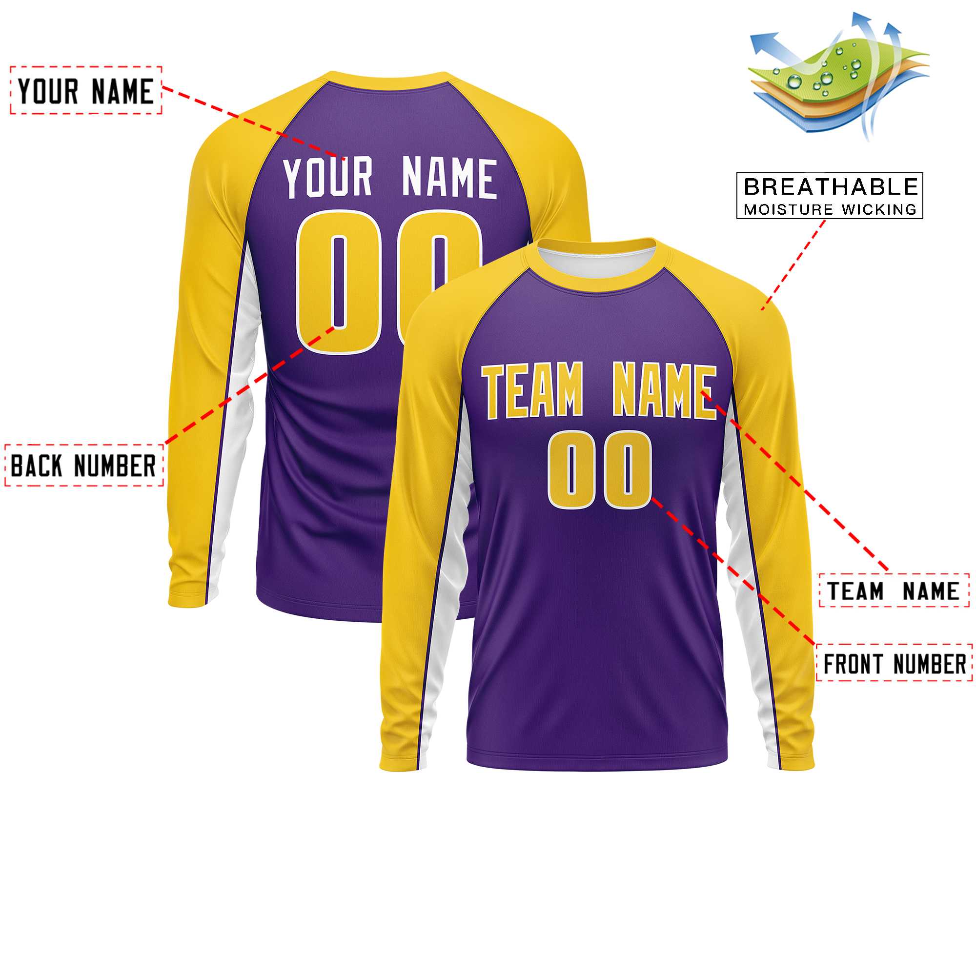 Custom Purple Gold Crew Neck Raglan Long Sleeve Performance T-Shirt