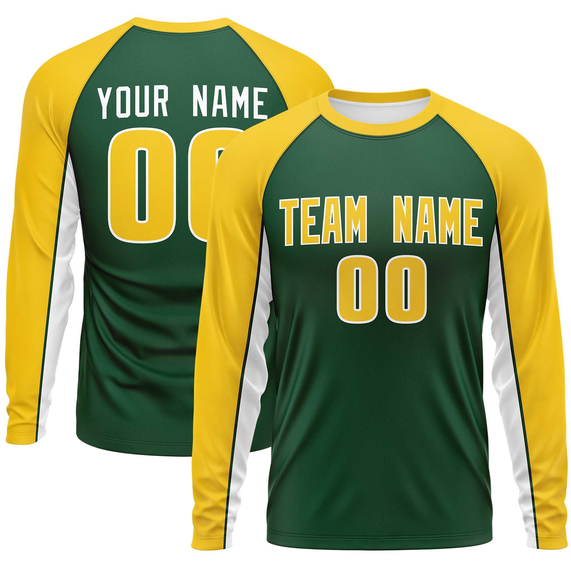 Custom Green Gold Crew Neck Raglan Long Sleeve Performance T-Shirt