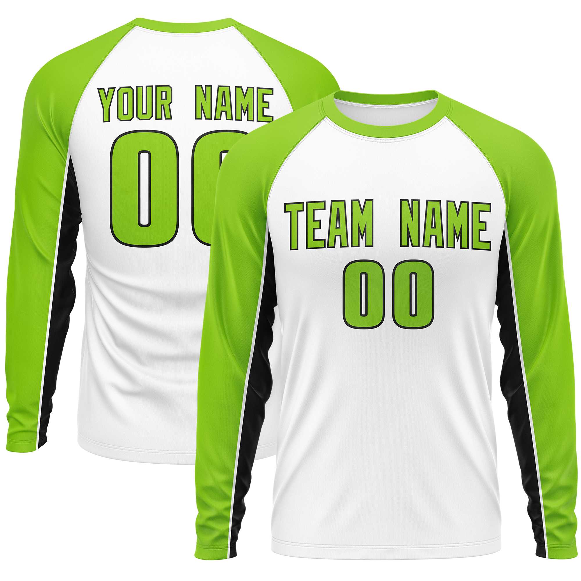 Custom White Neon Green Crew Neck Raglan Long Sleeve Performance T-Shirt