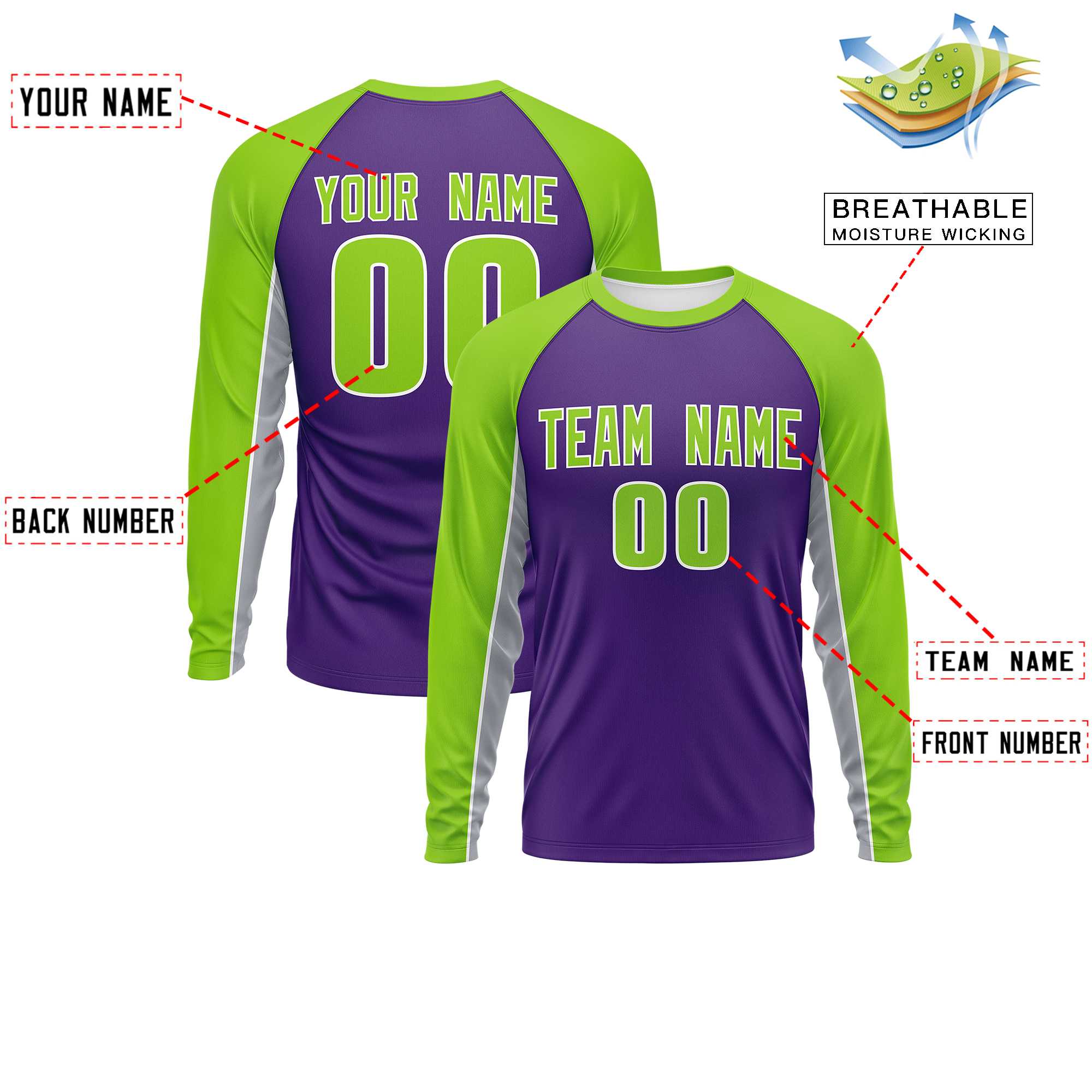 Custom Purple Neon Green Crew Neck Raglan Long Sleeve Performance T-Shirt