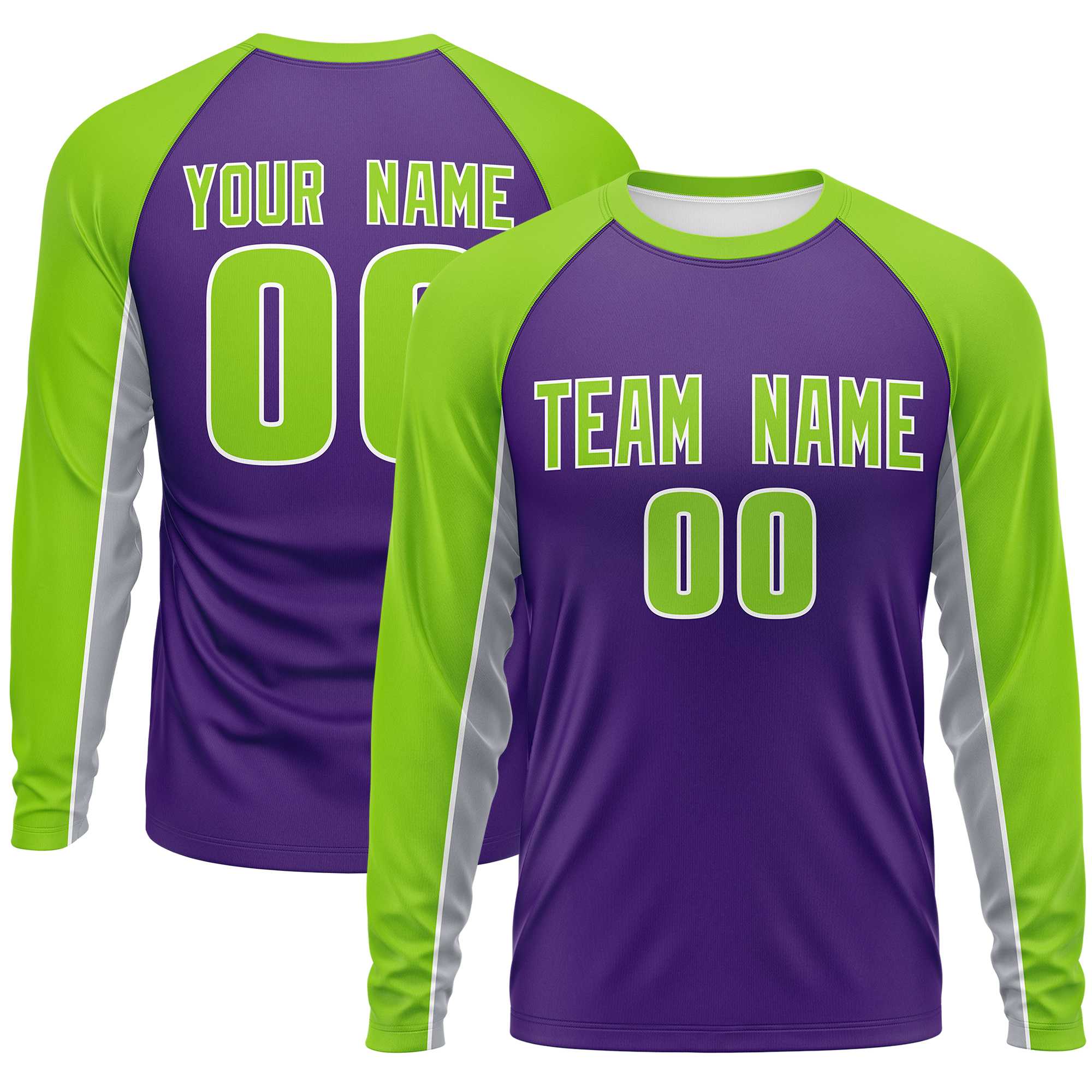 Custom Purple Neon Green Crew Neck Raglan Long Sleeve Performance T-Shirt