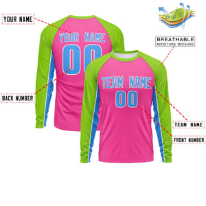 Custom Pink Neon Green Crew Neck Raglan Long Sleeve Performance T-Shirt