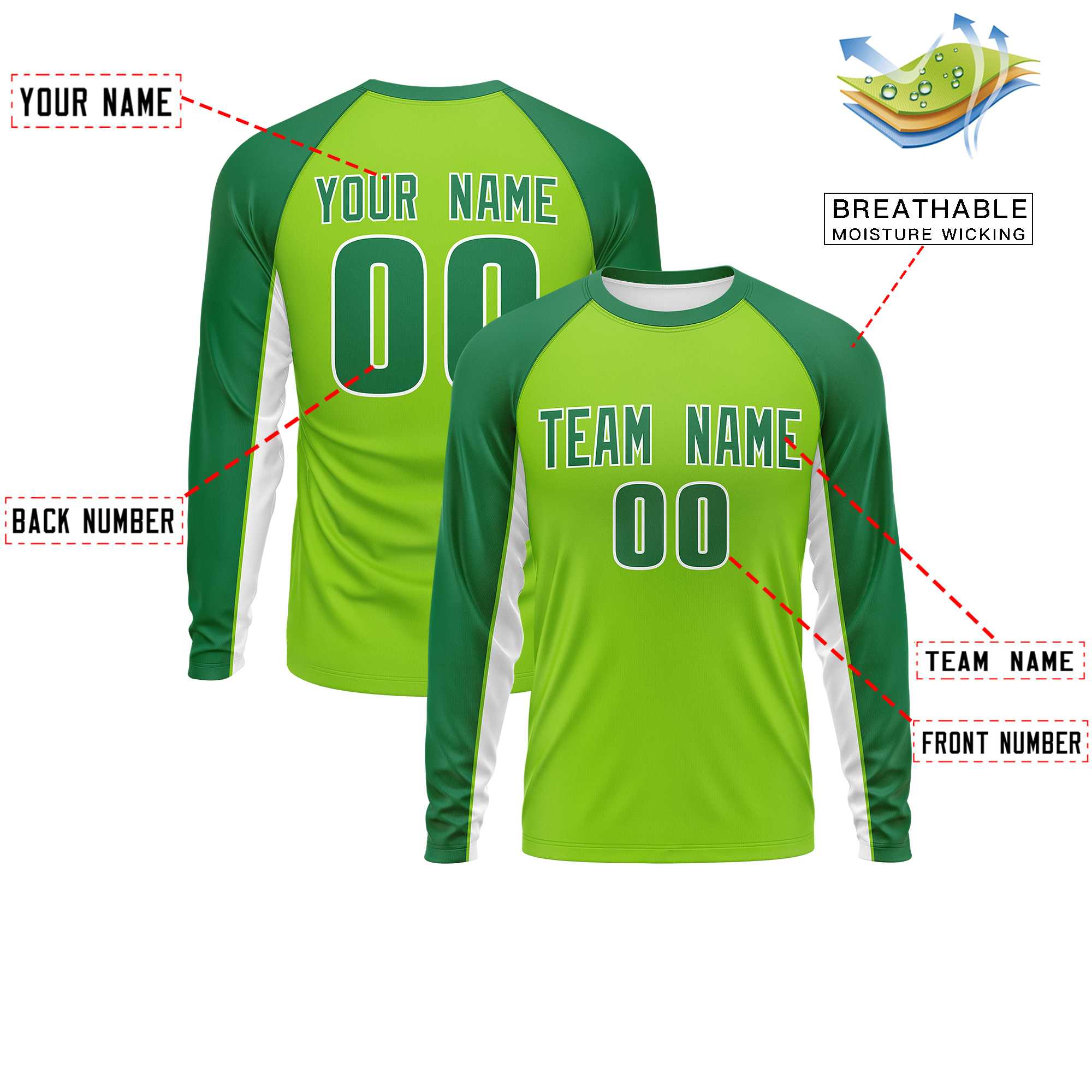 Custom Neon Green Kelly Green Crew Neck Raglan Long Sleeve Performance T-Shirt