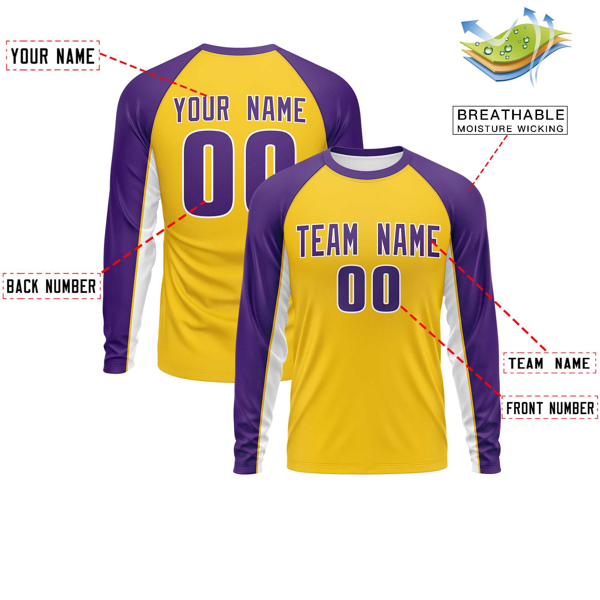 Custom Gold Purple Crew Neck Raglan Long Sleeve Performance T-Shirt