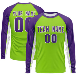 Custom Neon Green Purple Crew Neck Raglan Long Sleeve Performance T-Shirt