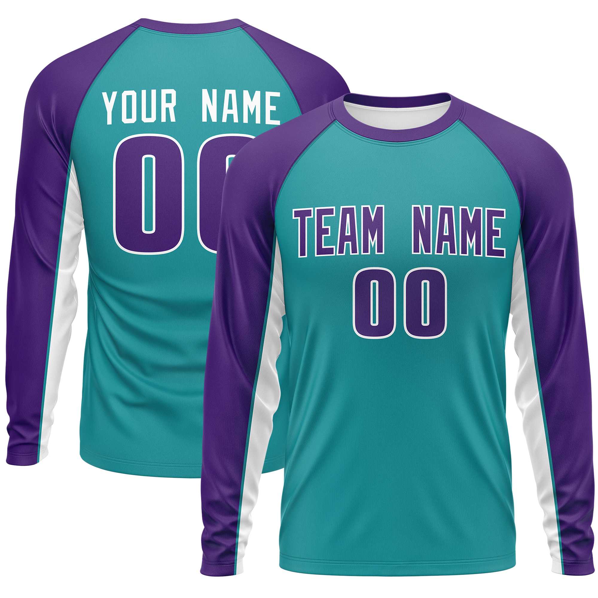 Custom Aqua Purple Crew Neck Raglan Long Sleeve Performance T-Shirt