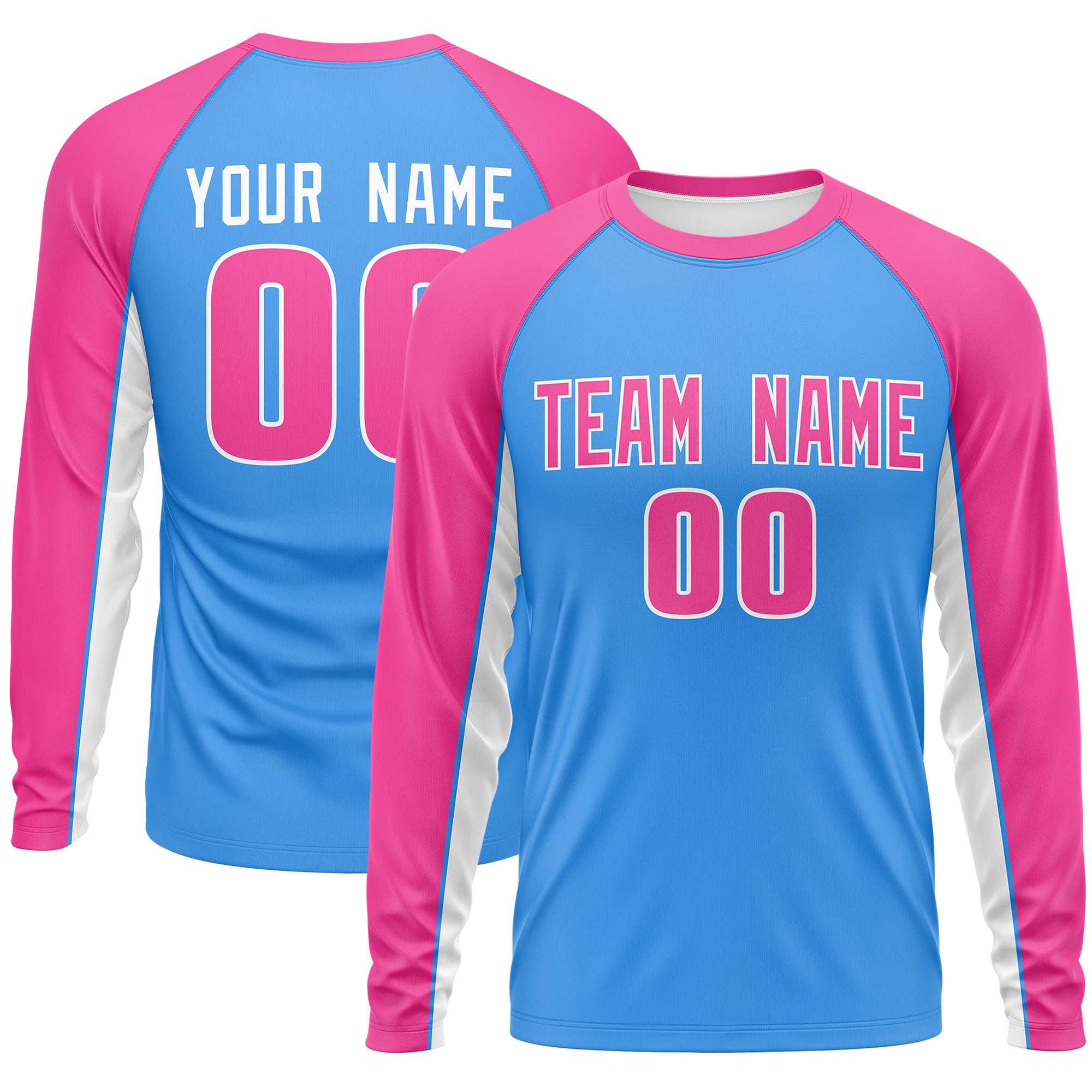 Custom Powder Blue Pink Crew Neck Raglan Long Sleeve Performance T-Shirt