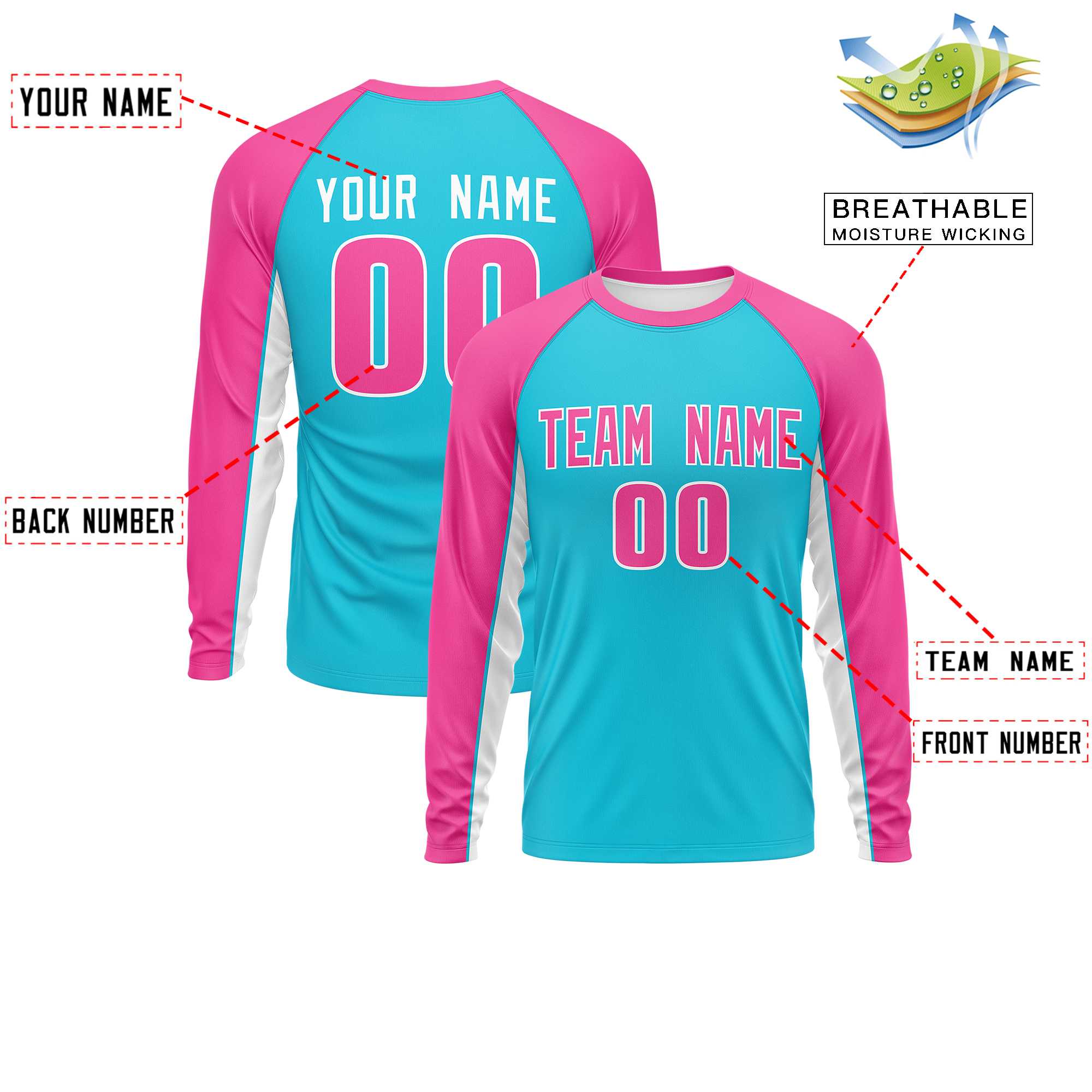 Custom Sky Blue Pink Crew Neck Raglan Long Sleeve Performance T-Shirt