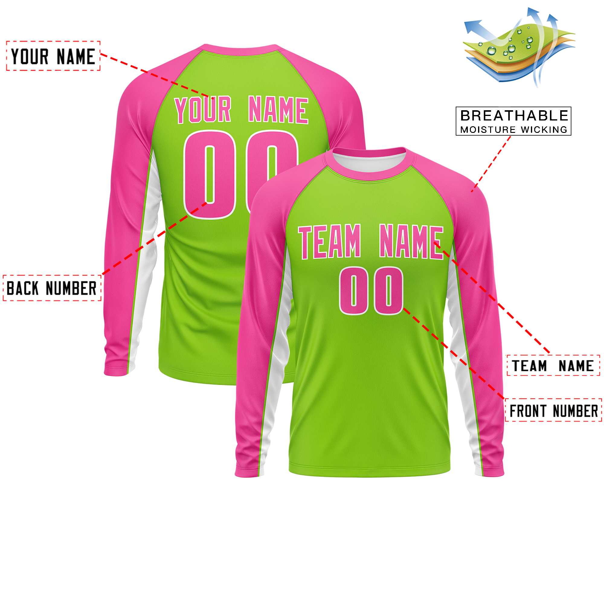 Custom Neon Green Pink Crew Neck Raglan Long Sleeve Performance T-Shirt