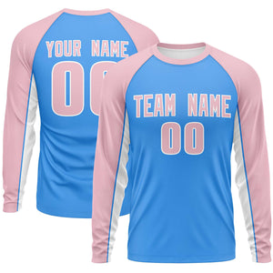 Custom Powder Blue Light Pink Crew Neck Raglan Long Sleeve Performance T-Shirt