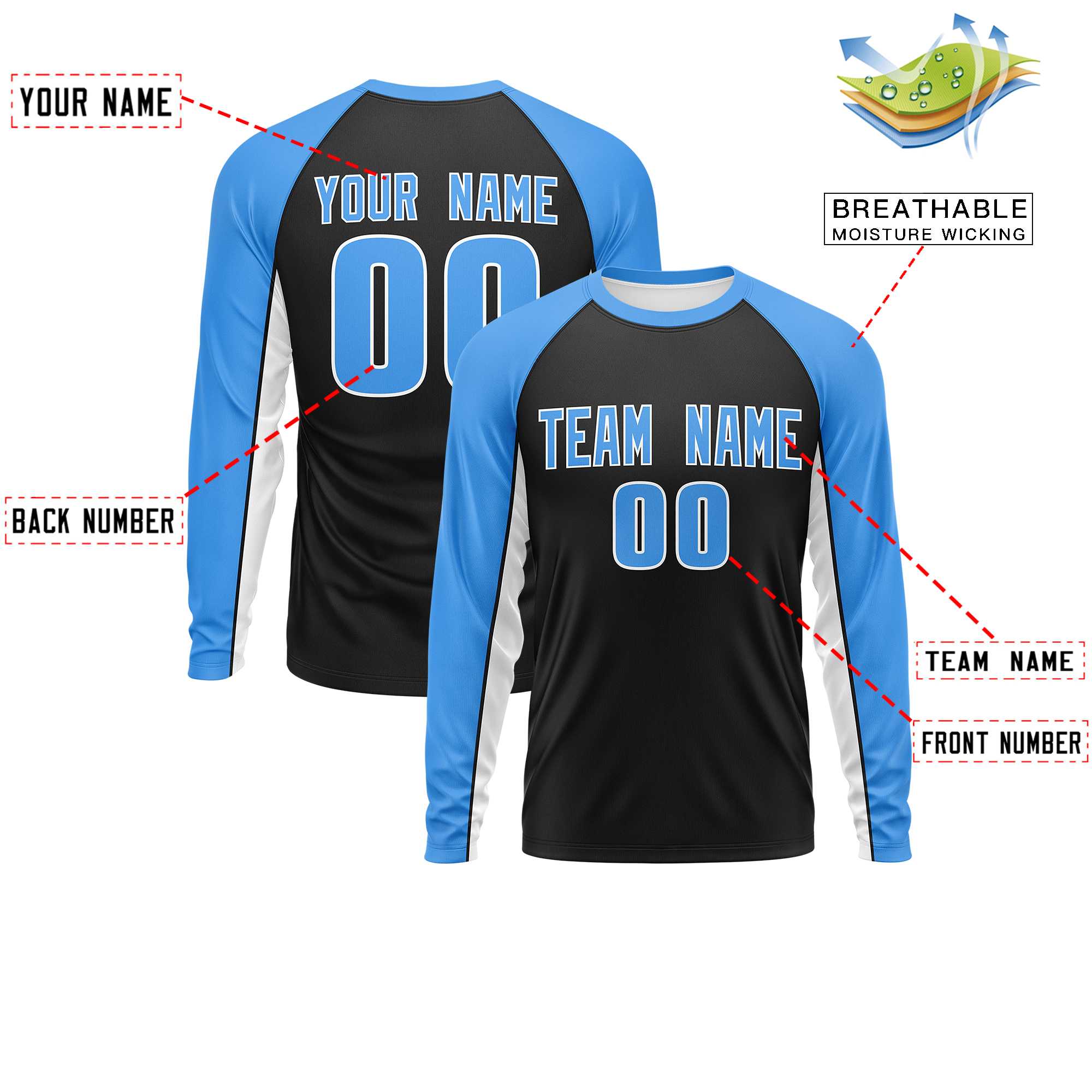 Custom Black Powder Blue Crew Neck Raglan Long Sleeve Performance T-Shirt