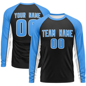 Custom Black Powder Blue Crew Neck Raglan Long Sleeve Performance T-Shirt