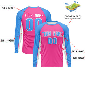 Custom Pink Powder Blue Crew Neck Raglan Long Sleeve Performance T-Shirt