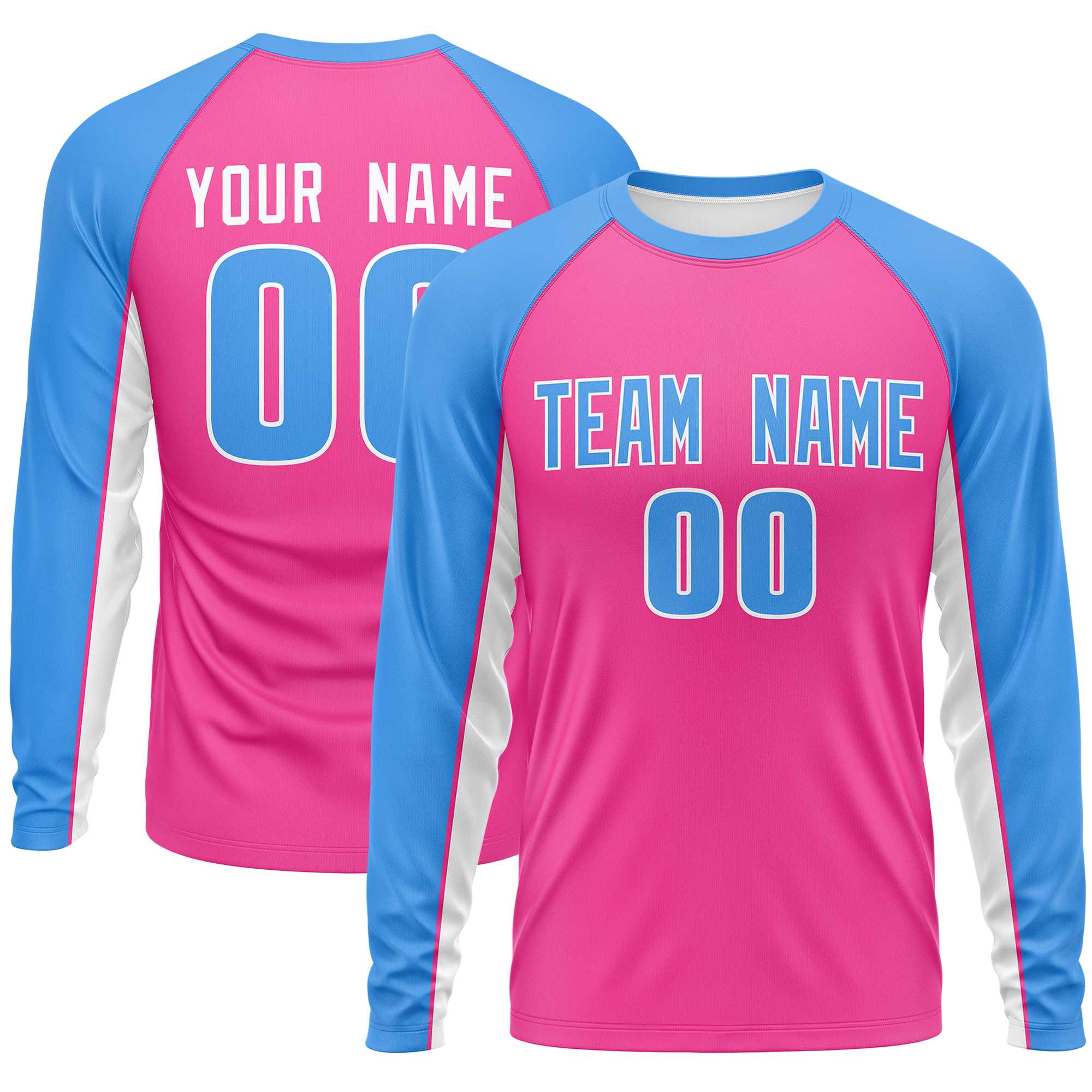 Custom Pink Powder Blue Crew Neck Raglan Long Sleeve Performance T-Shirt