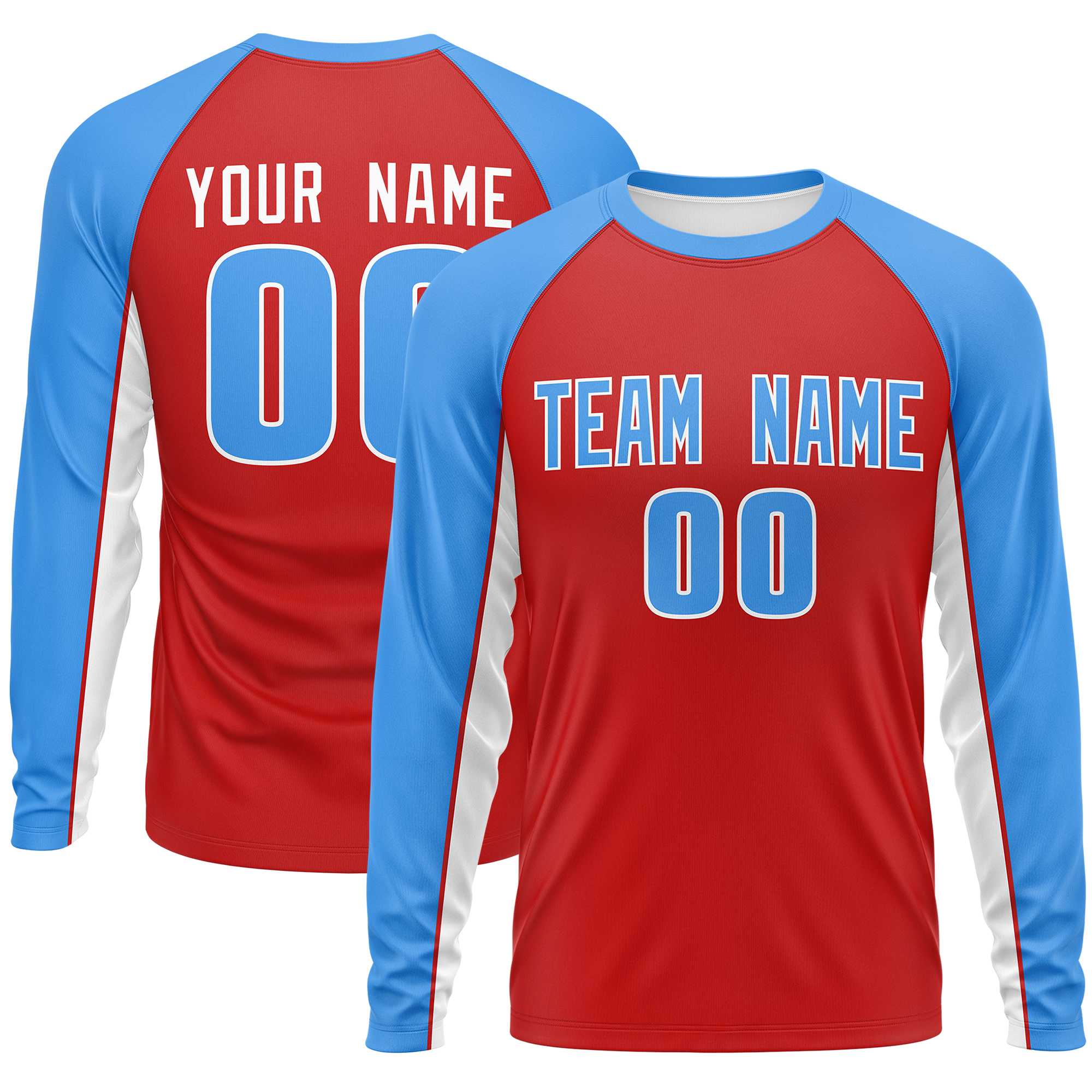 Custom Red Powder Blue Crew Neck Raglan Long Sleeve Performance T-Shirt