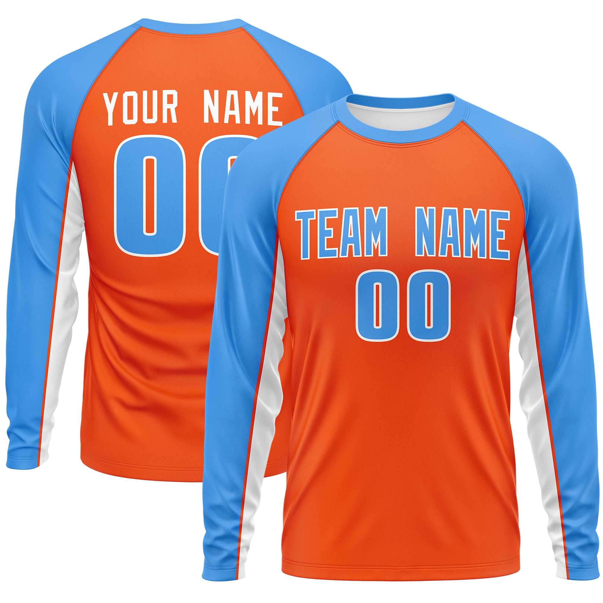 Custom Orange Powder Blue Crew Neck Raglan Long Sleeve Performance T-Shirt