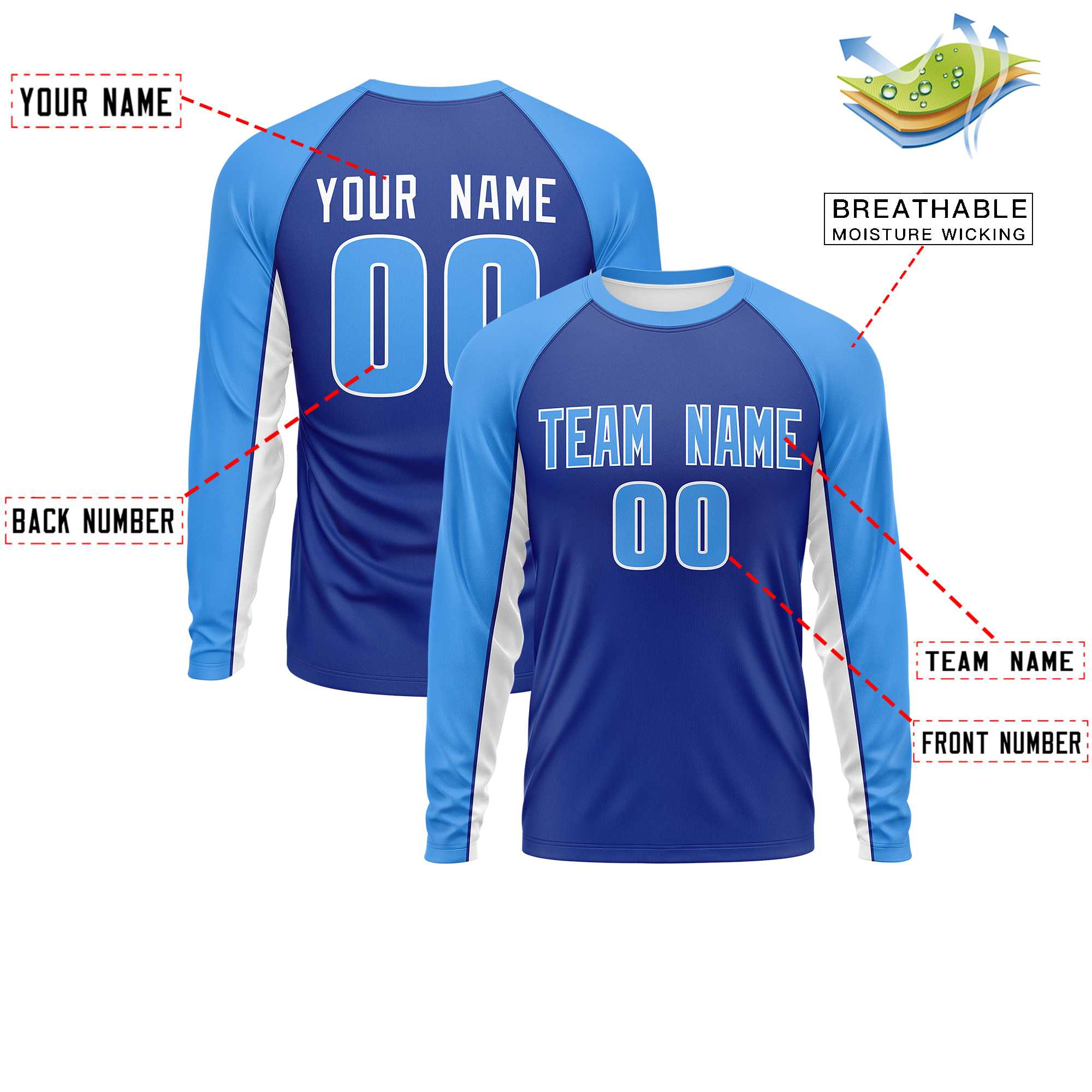 Custom Royal Powder Blue Crew Neck Raglan Long Sleeve Performance T-Shirt